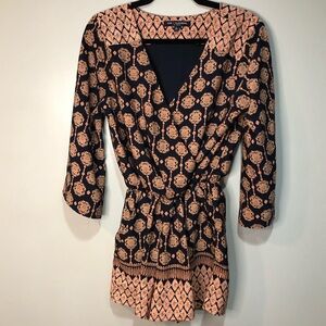 One Clothing Women Blue Boho Flowy Plunge V-Neck Sleeved Romper